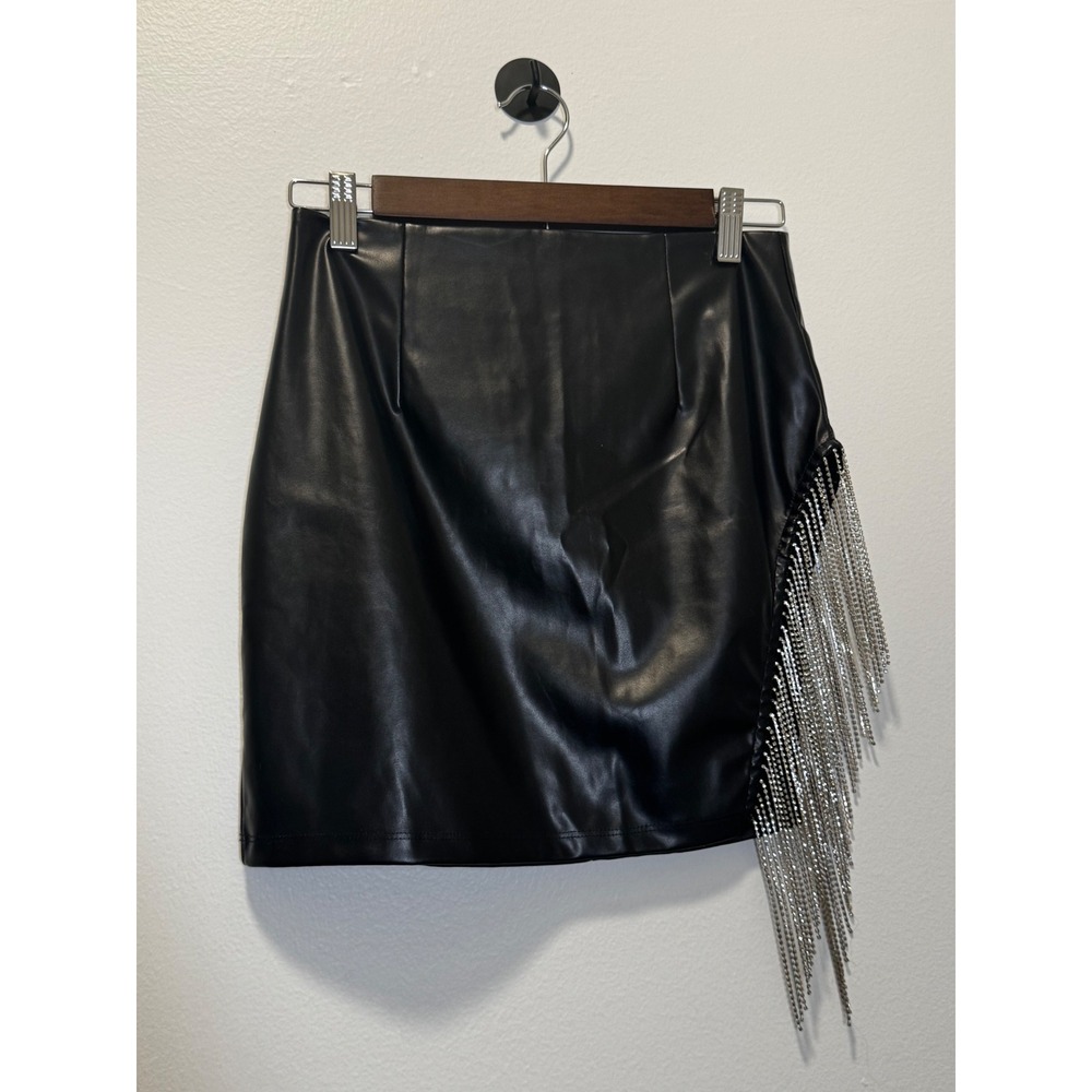 Windsor Black Faux Leather Rhinestone Fringe Mini Skirt Small High Waisted Night